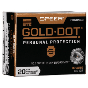 Speer Gold Dot Handgun Ammunition 32 ACP 60 gr HP 960 fps 20/ct