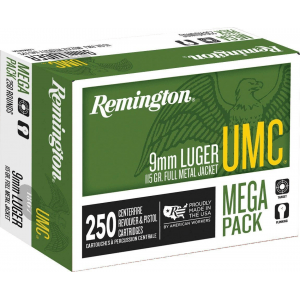 Remington UMC Handgun Ammunition 9mm Luger 115 gr FMJ 1145 fps1000/ct (4-250/box)