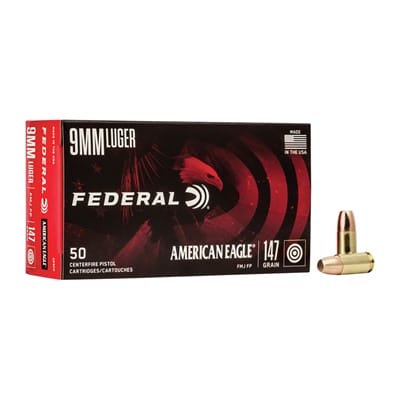 Federal American Eagle 9mm Luger Ammo - 9mm Luger 147gr Full Metal Jacket Flat Nose 50/Box
