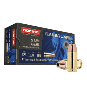 Norma Safeguard Handgun Ammunition 9mm Luger 124gr JHP 1188 fps 50/ct