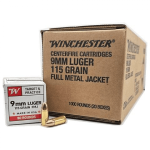 Winchester USA Target & Practice Handgun Ammunition 9mm Luger 115gr FMJ 1190 fps 1000/ct Case (20-50/ct Boxes)