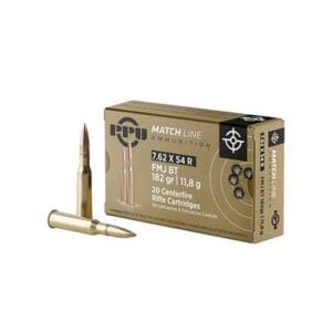 PPU Match 7.62x54R 182gr FMJ Rifle Ammo - 20 Rounds