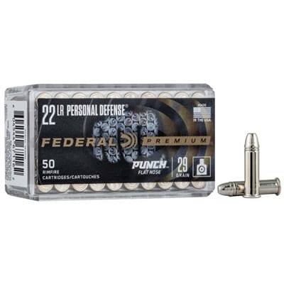 Punch Personal Defense 22 Long Rifle Ammo - 22 Long Rifle 29gr Nickel Plated Flat Nose 50/Box