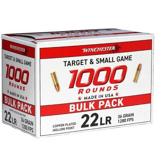 Winchester USA White Box 22 Long Rifle 36gr Copper Plated Hollow Point Rimfire Ammo - 1000 Rounds